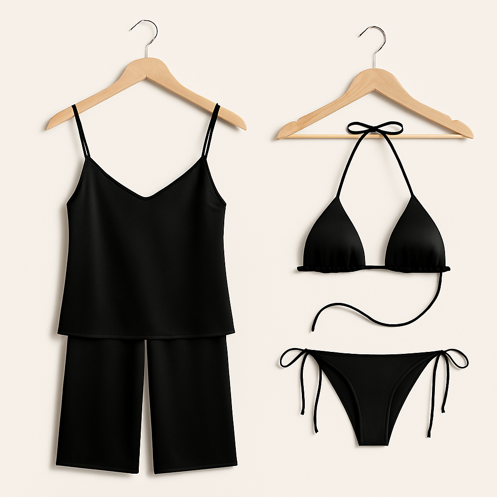 Black lingerie set with a camisole, bra, and panties on hangers against a white background.