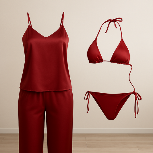 Red satin pajama set with matching bikini on a beige background