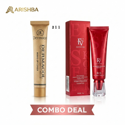 A Dermaco Dermagot Platinum & Radiance Makeup Cover combo deal featuring a gold squeeze tube, a red outer box, and a red squeeze tube with a clear cap, displayed on a white background with a 'COMBO DEAL' banner.