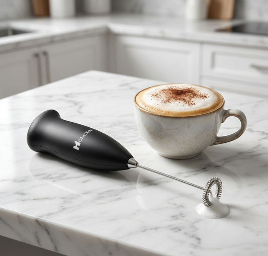 A black handheld milk frother with a silver whisk attachment rests on a white marble kitchen counter next to a ceramic cup of cappuccino with foam and cocoa powder.