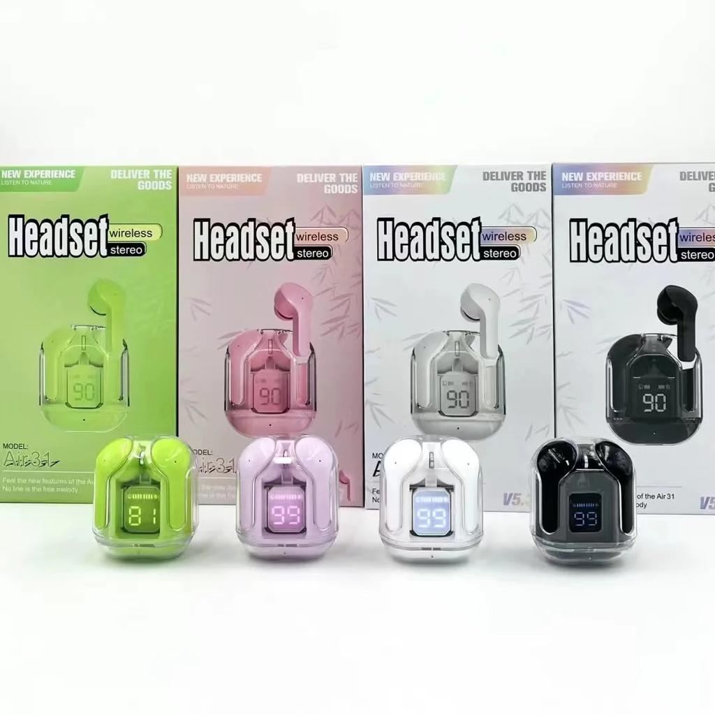 Colorful wireless headset packages and models on a white background
