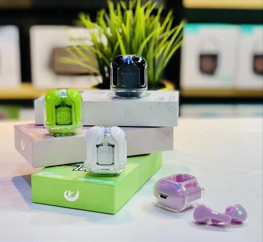 Colorful electronic devices on a table with a blurred background