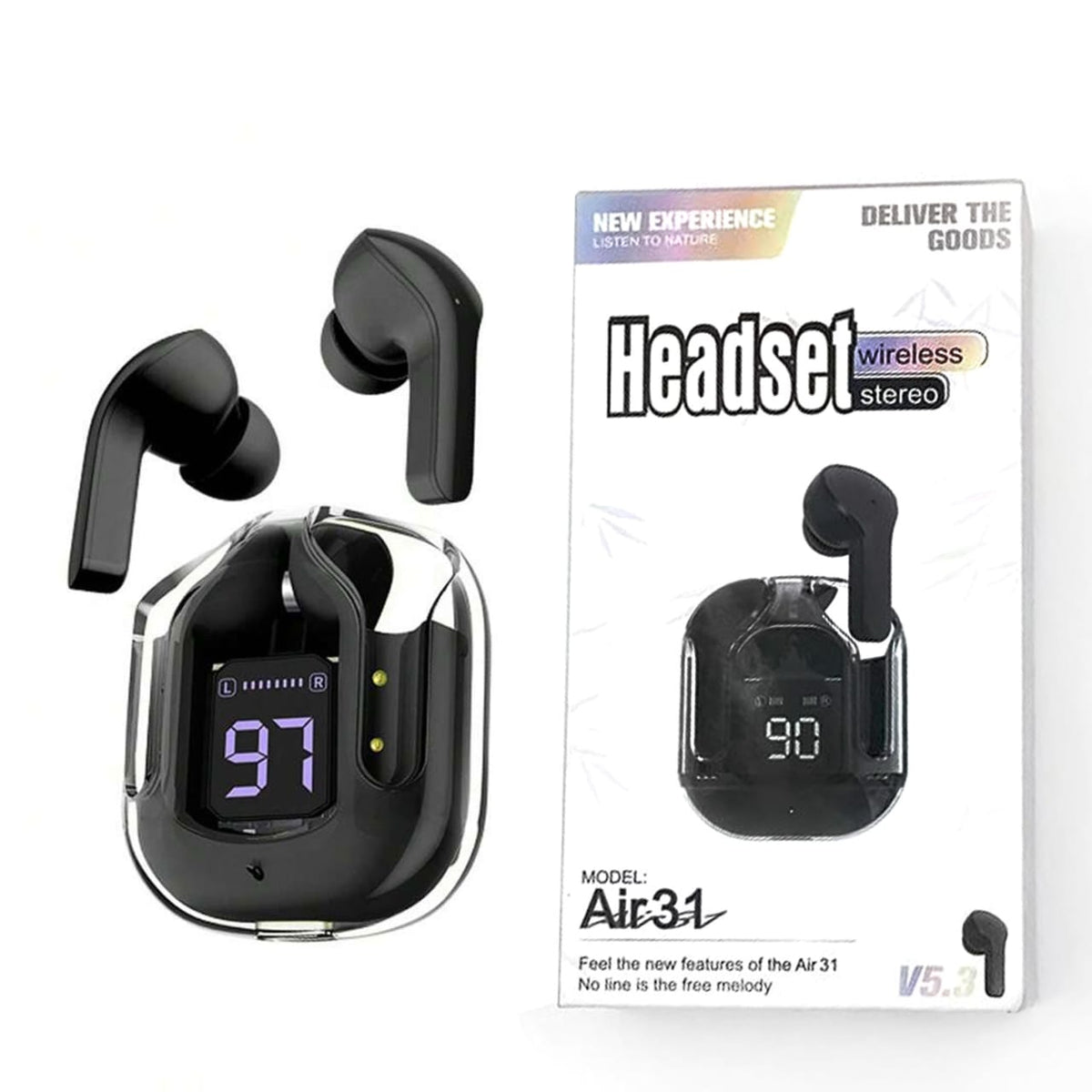 Black wireless earbuds with charging case and packaging on a white background