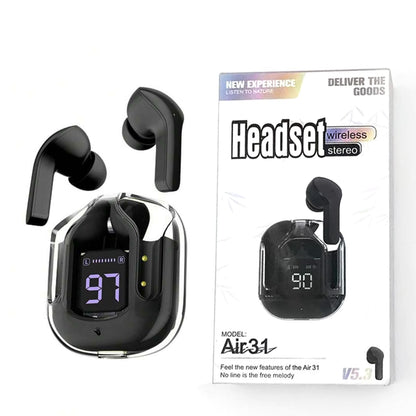 Black wireless earbuds with charging case and packaging on a white background