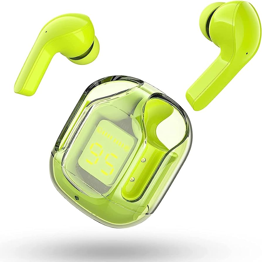 Green wireless earbuds with charging case on a white background