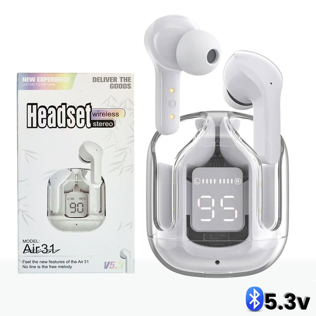 White wireless earbuds with charging case and packaging on a white background