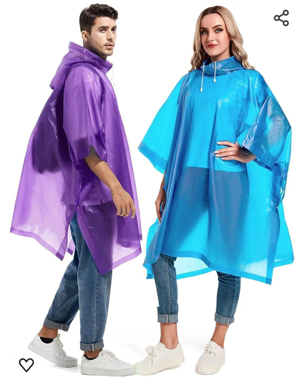 Two people wearing purple and blue rain ponchos on a white background