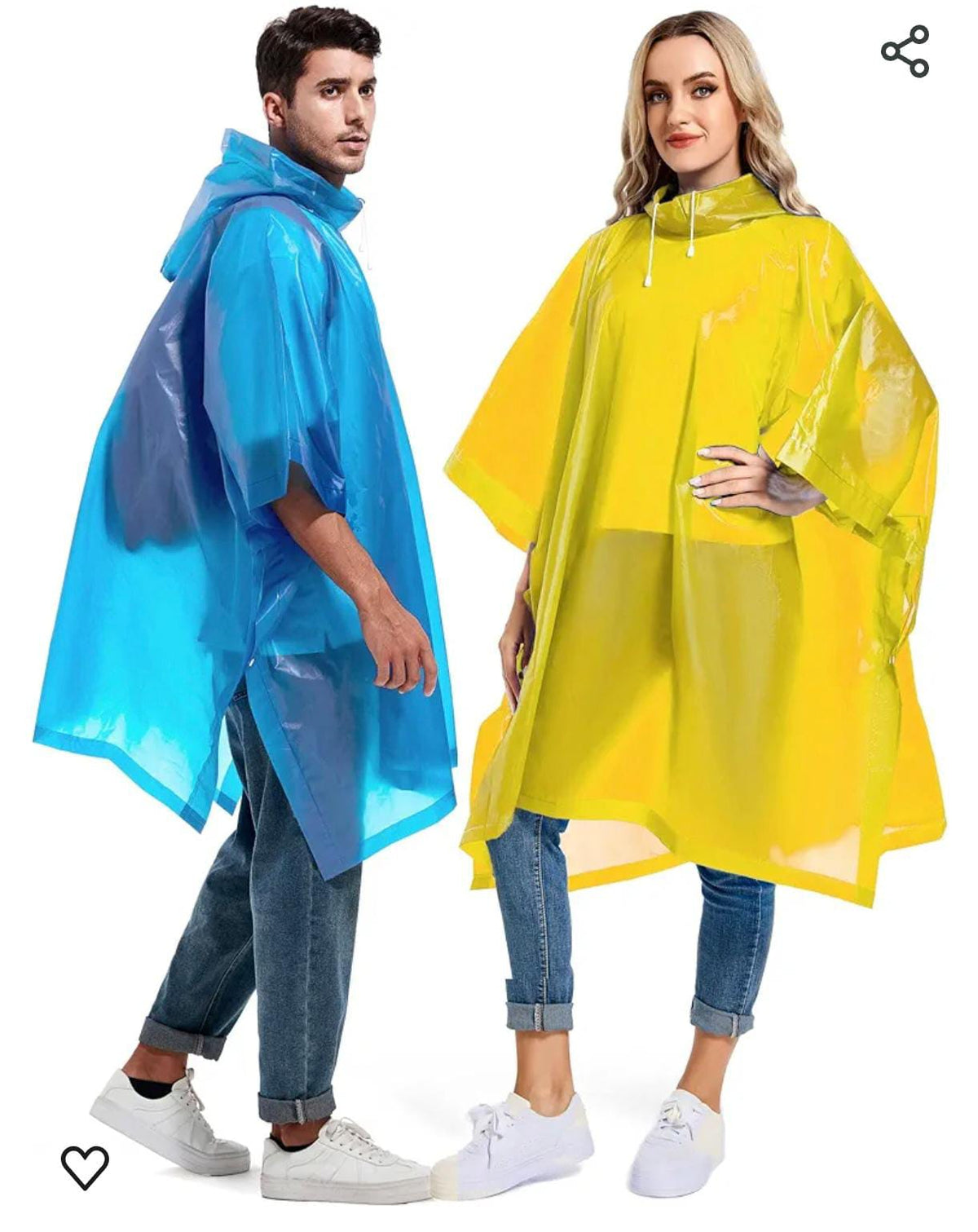 Two people wearing blue and yellow rain ponchos on a white background