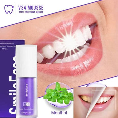 Teeth whitening mousse with a close-up of a mouth and mint leaves, featuring the brand 'Smile Ease'.
