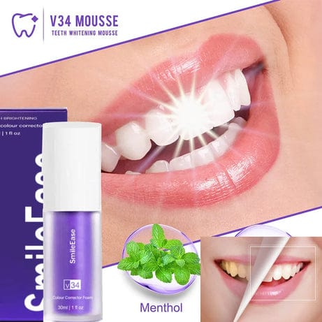 Teeth whitening mousse with a close-up of a mouth and mint leaves, featuring the brand 'Smile Ease'.