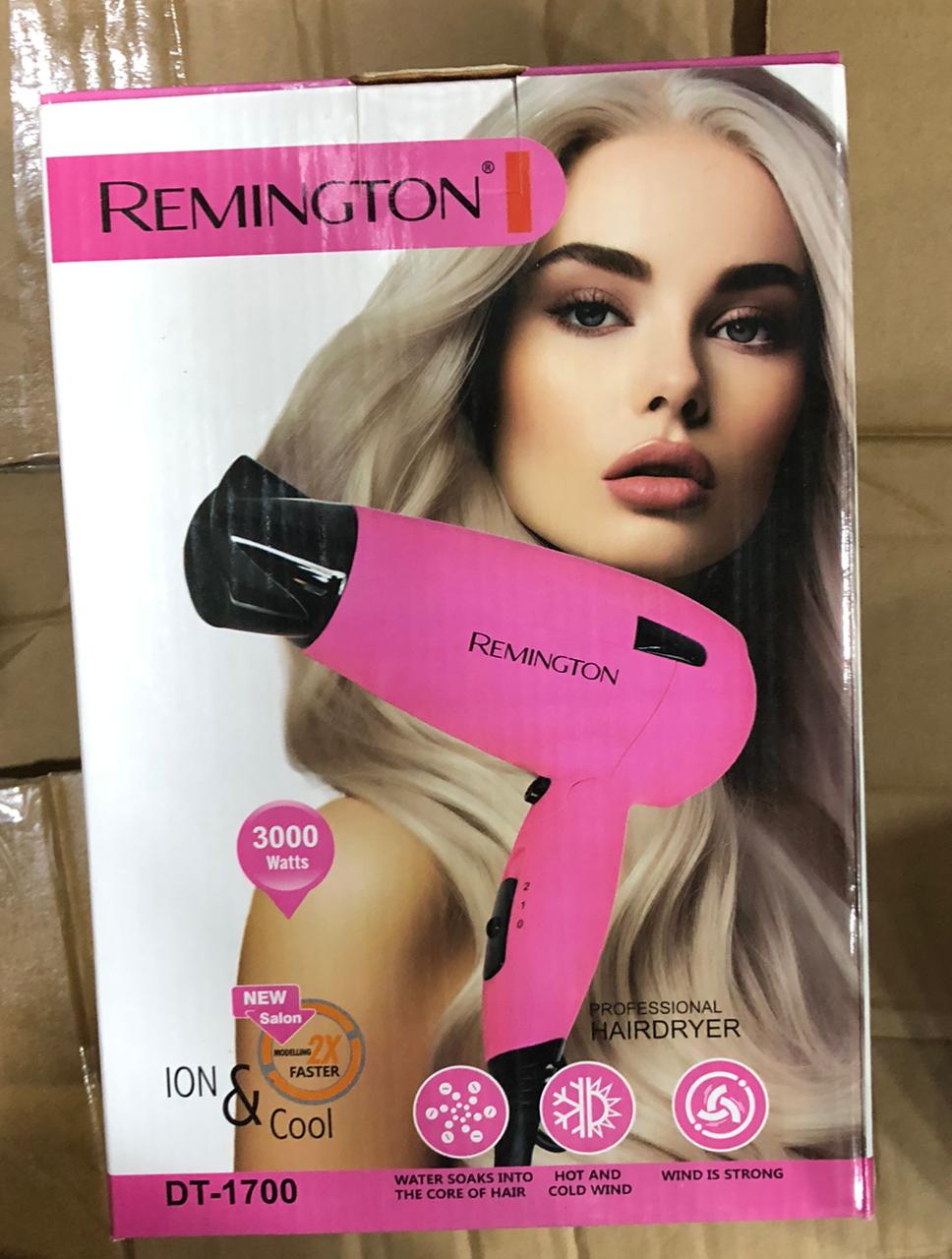 Remington hair dryer packaging with a model on a white background