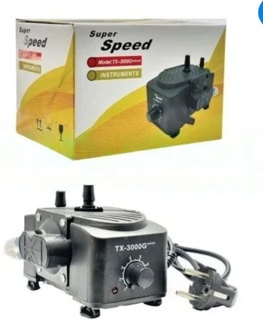 A Super Speed TX-3000G aquarium pump shown below its retail packaging box on a plain white background.