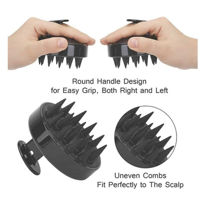 Black scalp massager with uneven combs, shown with hands demonstrating grip on top, plus close-up views of the spiky texture and text noting easy grip and fit to the scalp.