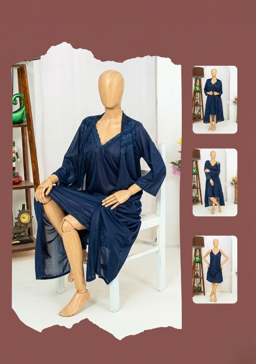Navy blue dress on a mannequin with inset images of the dress worn by a person.