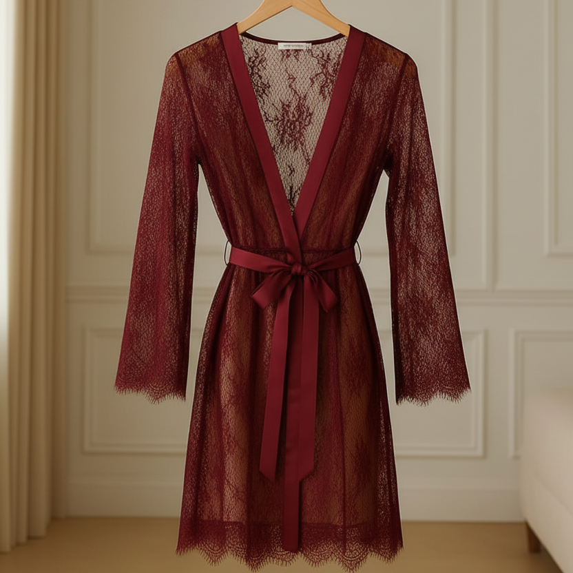 Red lace dress with a belt on a hanger against a neutral wall.