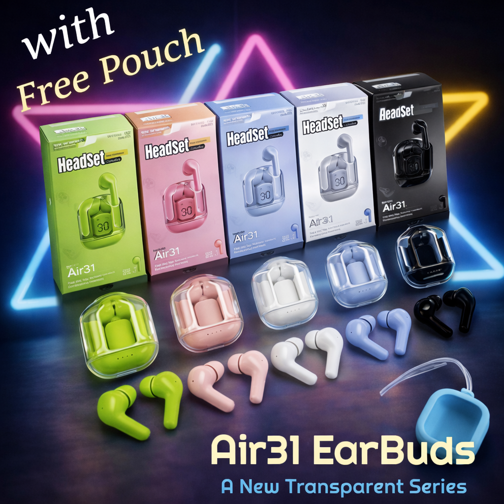 Air31 EarBuds with colorful packaging and a free pouch on a dark background