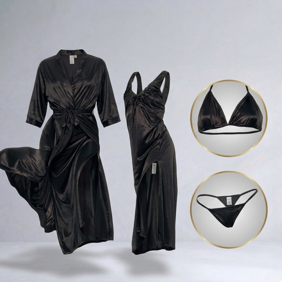 Black satin dress with matching bra and panties on a light gray background