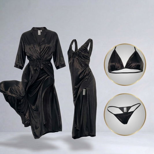Black satin dress with matching bra and panties on a light gray background