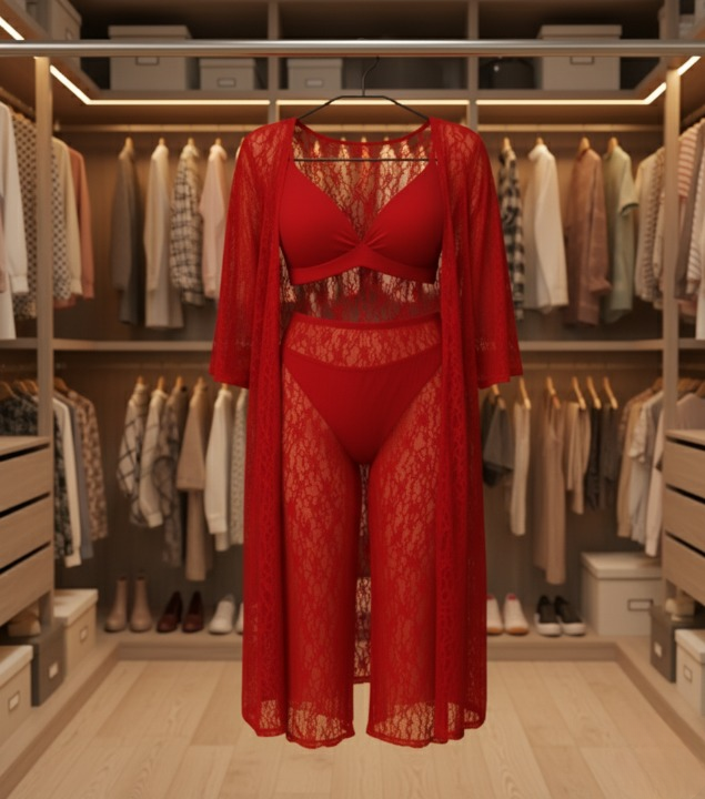 Red lace lingerie set hanging in a wardrobe with clothes in the background