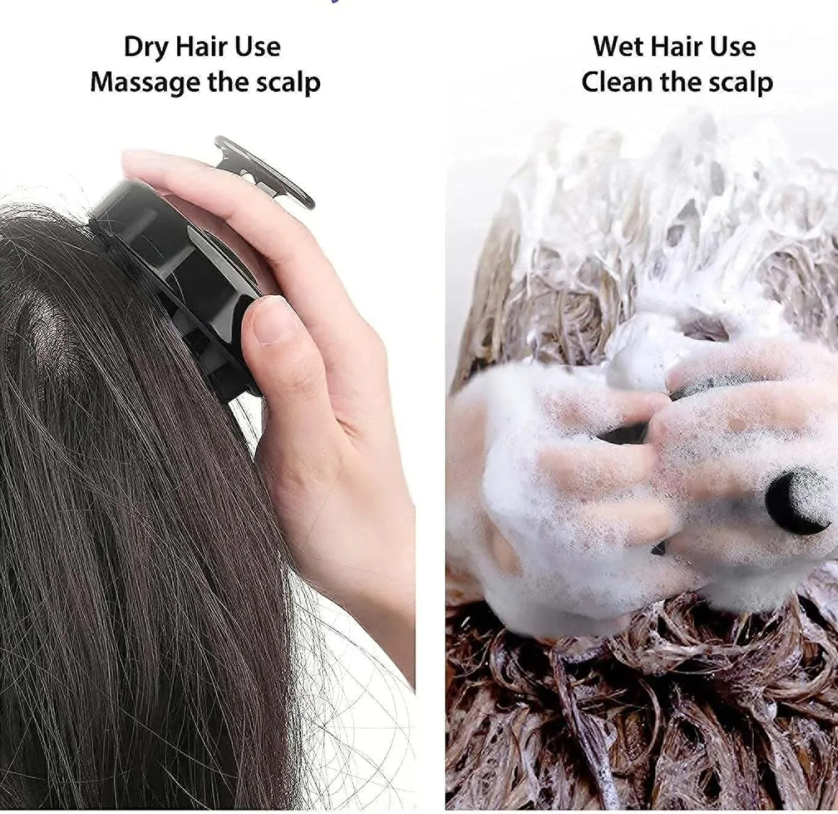 Two images showing the use of a scalp massager for dry and wet hair conditions.