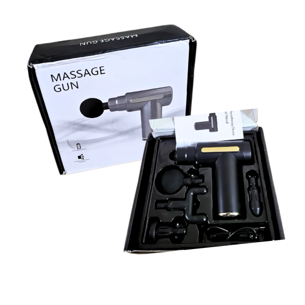 Massage gun with accessories and packaging on a white background