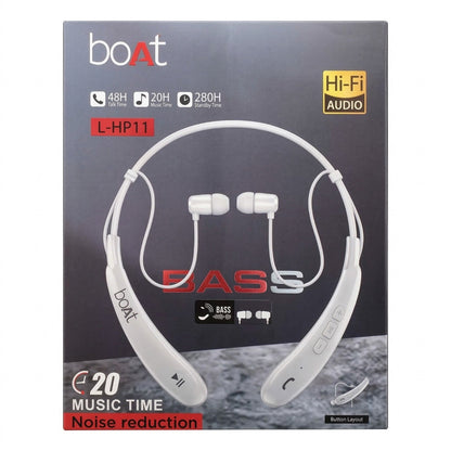 boAt L-HP11 Bluetooth headset packaging with product illustration and features on a dark background