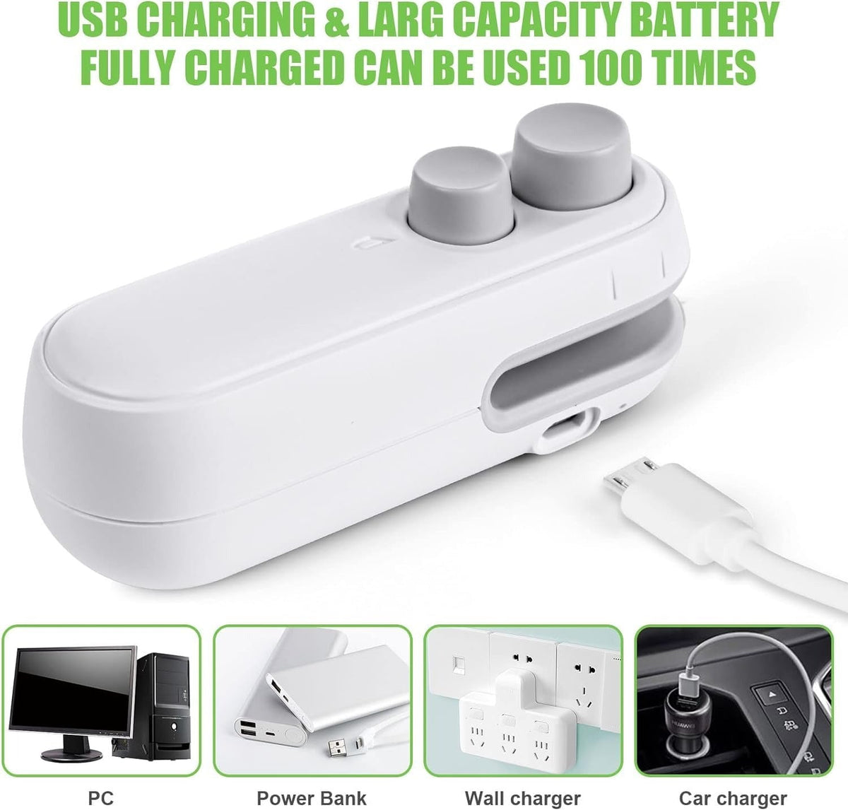 White electronic device with USB charging cable on a white background