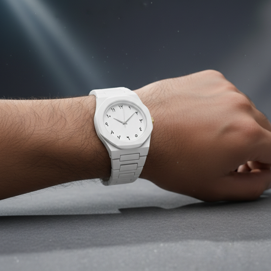 White wristwatch on a person's wrist with a dark background