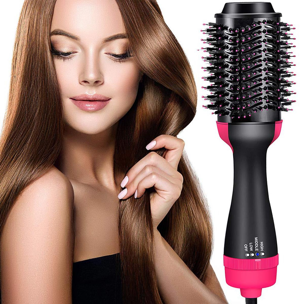 Woman holding and styling long hair using 3-in-1 Hair Dryer Brush