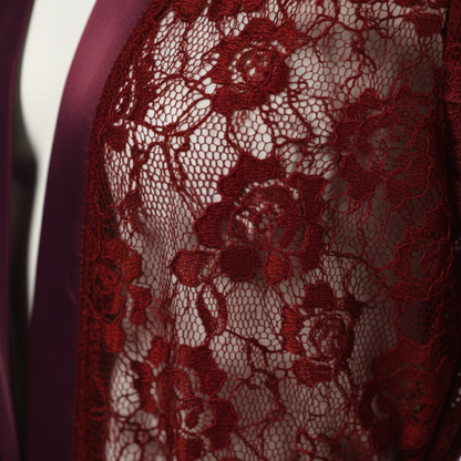 Close-up of red floral lace fabric