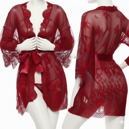 Red lace lingerie set on a white background