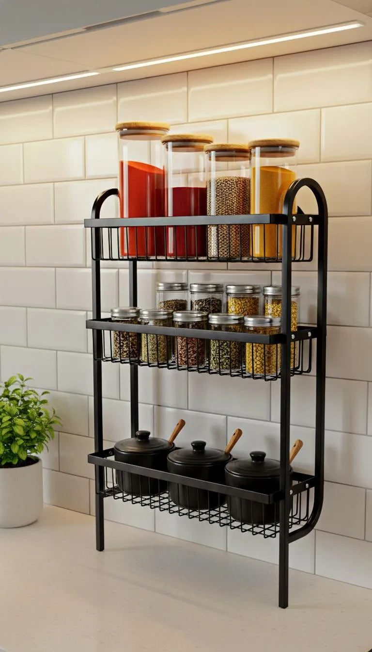 Black metal spice rack with jars and pots against a tiled wall.