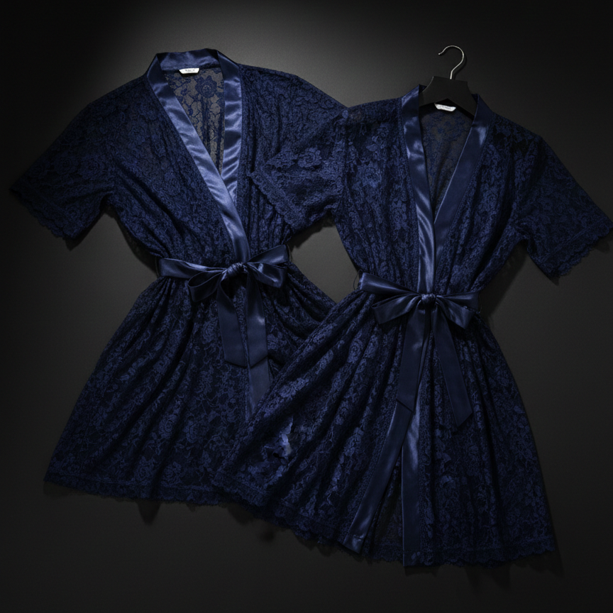Two navy blue lace robes on a dark background