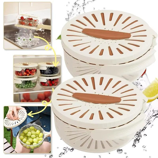 Stackable food storage containers with lids on a white background
