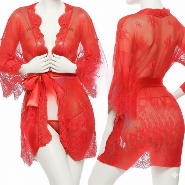 Red lace robe on a mannequin with front and back views against a white background