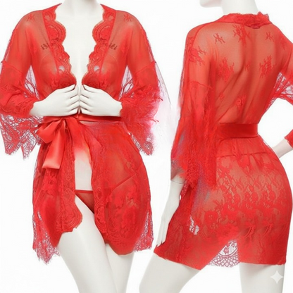 Red lace robe on a mannequin with front and back views against a white background