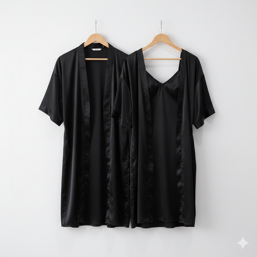 Two black satin garments on hangers against a white background