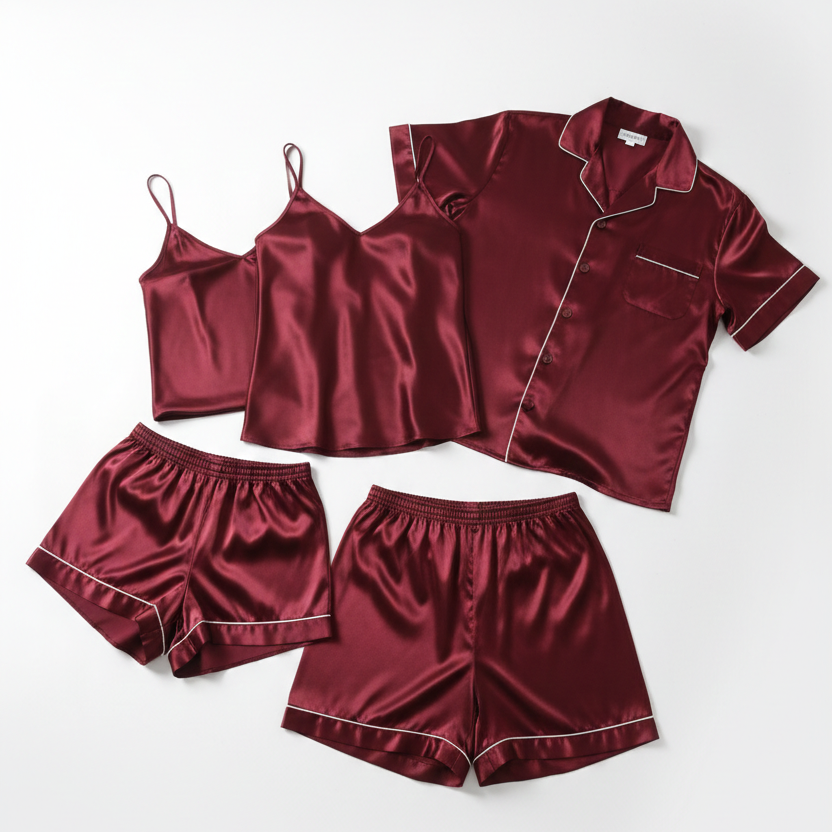 Maroon satin pajama set with top, shorts, and nightshirt on a white background
