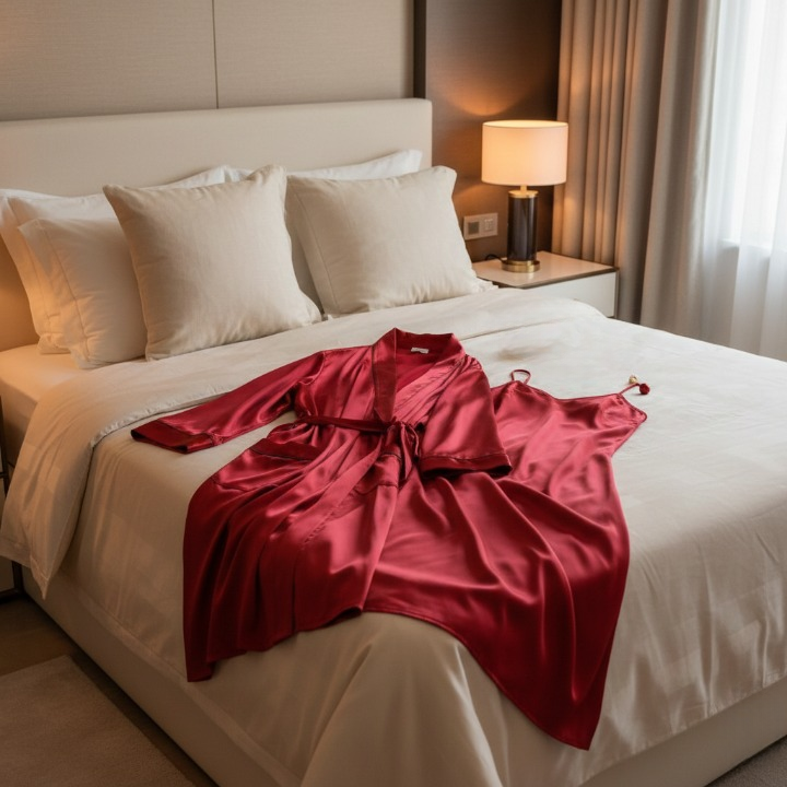 Red satin robe on a white bed in a bedroom setting