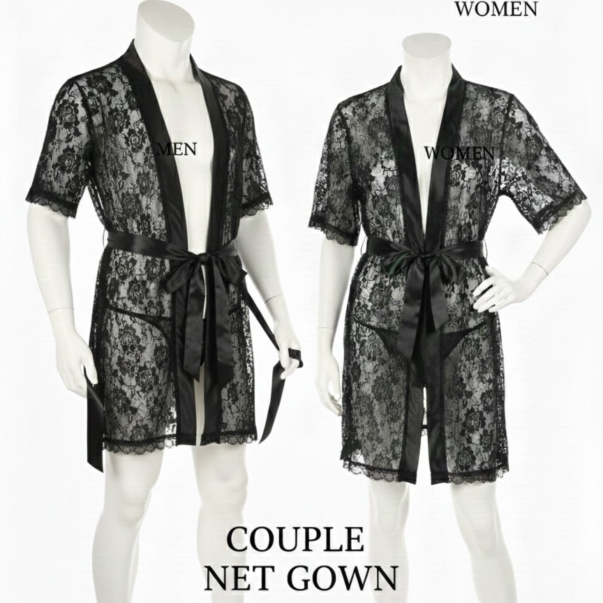 Black lace couple net gowns on mannequins with 'WOMEN' labels.