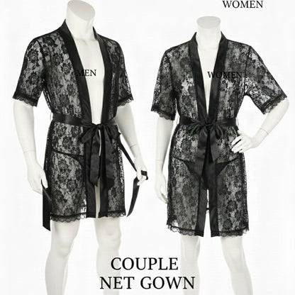 Black lace couple net gowns on mannequins with 'WOMEN' labels.