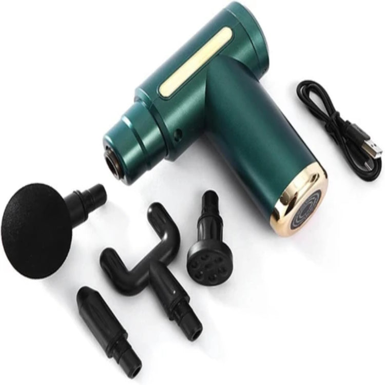 Green massage gun with attachments on a white background