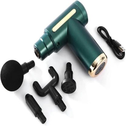 Green massage gun with attachments on a white background