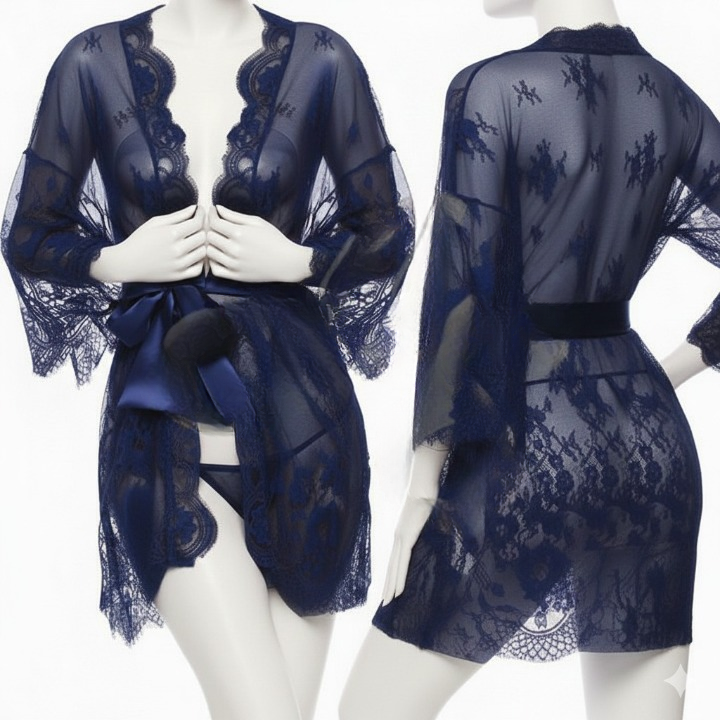 Navy blue lace robe on a mannequin with a white background