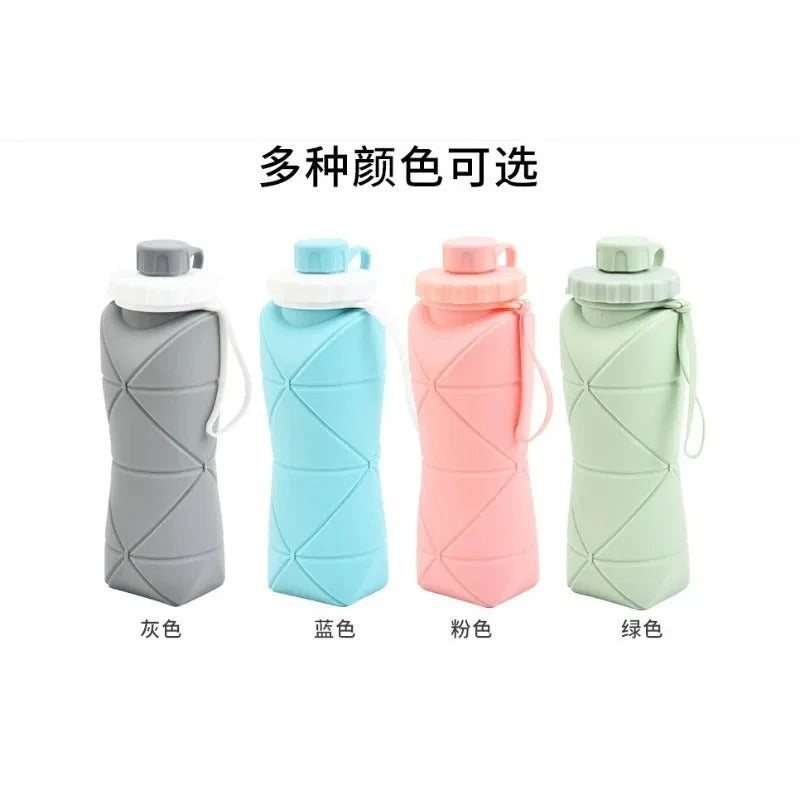 Four collapsible water bottles in gray, blue, pink, and green on a white background.