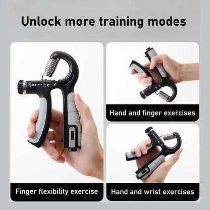 Hand and wrist exercise device with text indicating various training modes on a gray background.