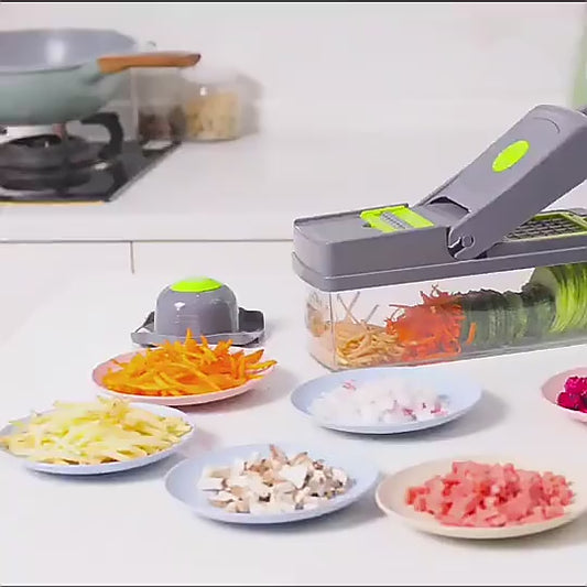 16-in-1 Multifunctional Vegetable Chopper & Slicer with Colander Basket and Storage Container – Heavy-Duty Food Cutter & Dicer for Onion, Potato, Carrot, Garlic & More