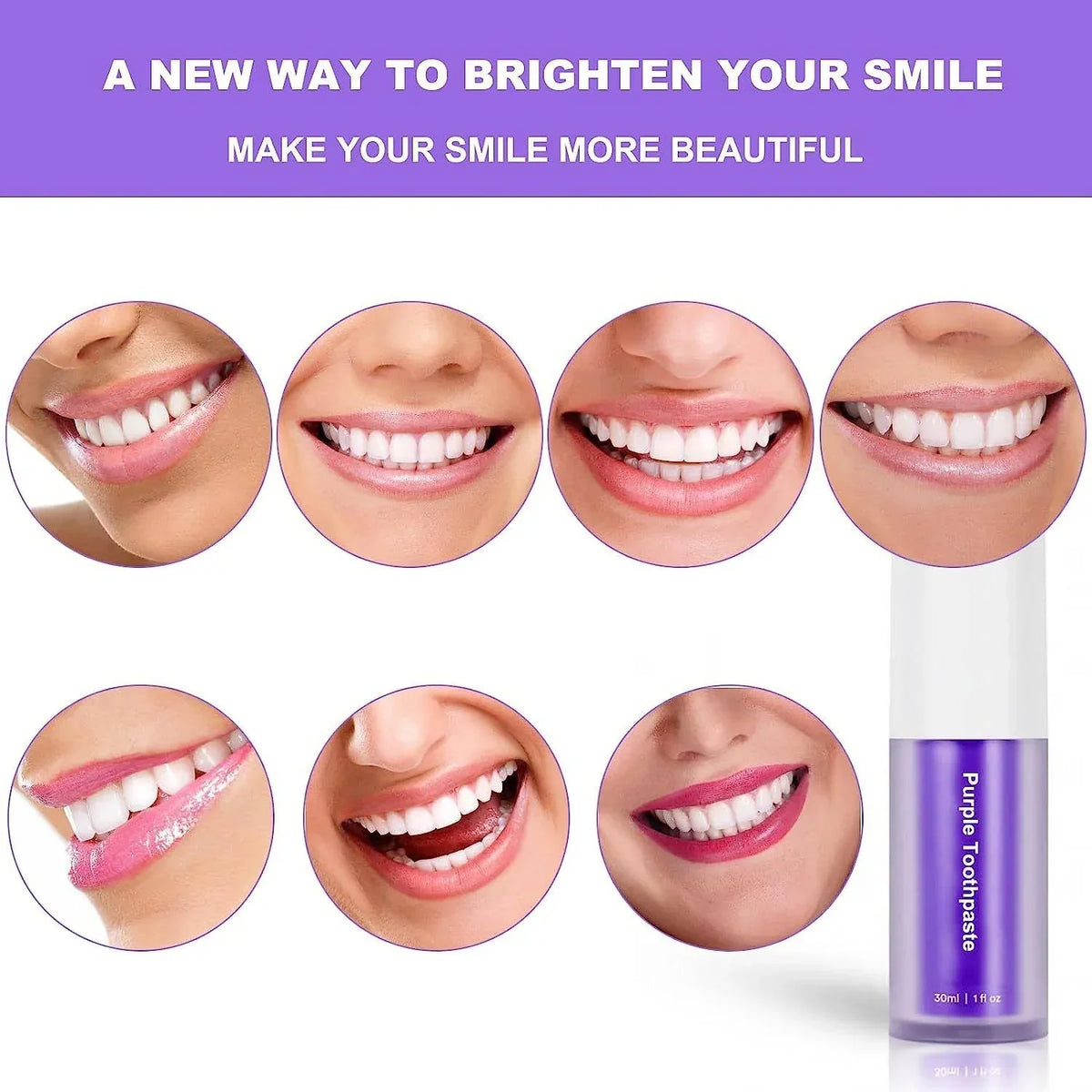 Advertisement for a purple toothpaste with images of smiling mouths and text about brightening your smile.