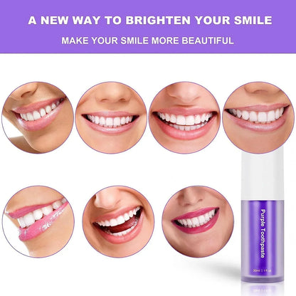 Advertisement for a purple toothpaste with images of smiling mouths and text about brightening your smile.