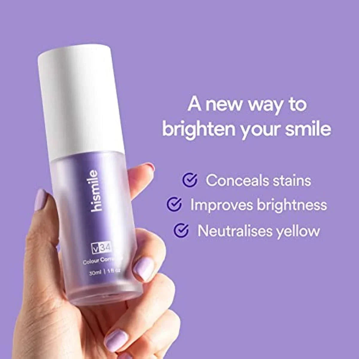 Bottle of hismile product held by a hand with a purple background and text about product benefits.